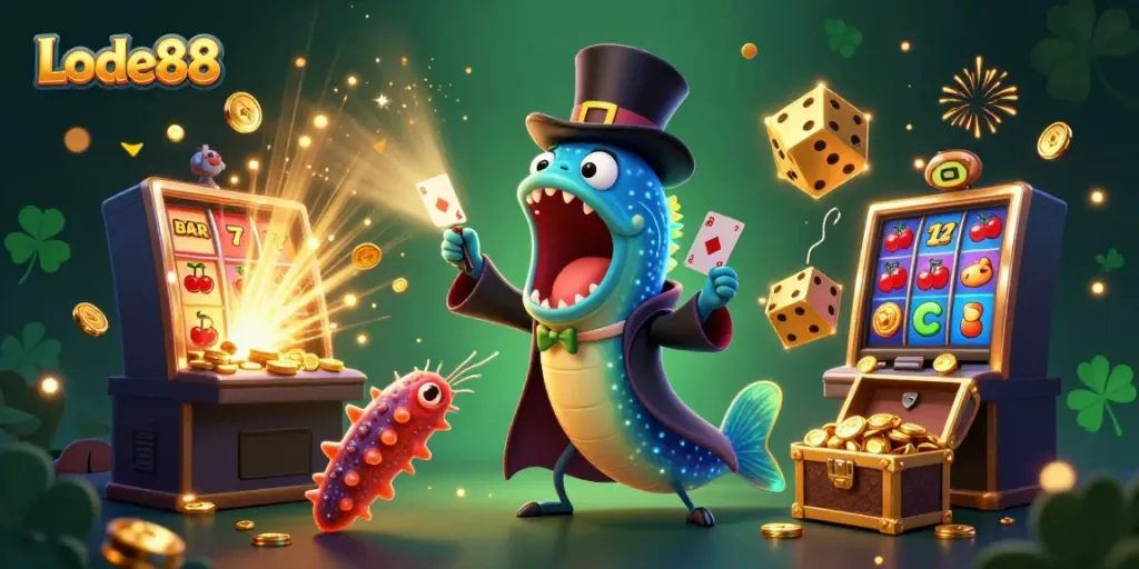 Experience the excitement of Lode88 with a magical scene of casino characters and games.