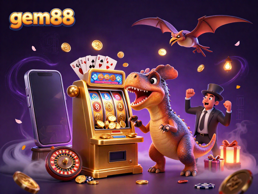 Experience exciting gameplay with gem88 as a pachycephalosaurus triggers a jackpot, while coins fly around!