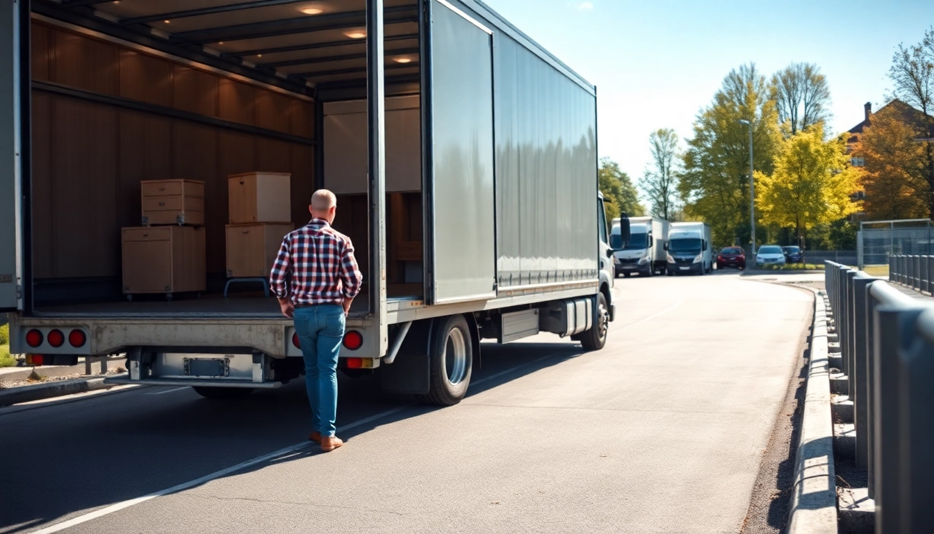 Mitarbeiter eines Umzugsunternehmens in Potsdam beladen Möbel in einen Transporter für einen Umzug.