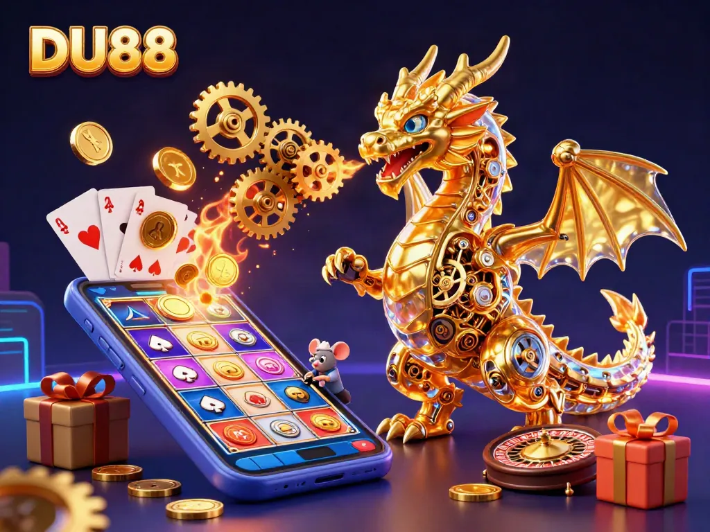 Engage with DU88's exciting gaming offerings, featuring vibrant slot games and interactive elements in a dynamic scene.