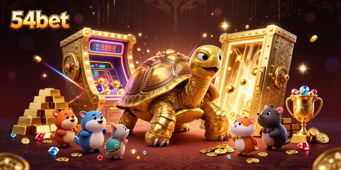 Engage in thrilling casino gameplay with 54bet's vibrant illustration of a dynamic golden tortoise pinball machine surrounded by treasures.