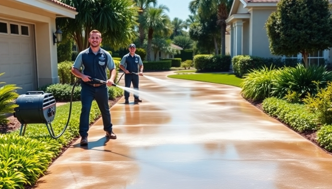 Driveway pressure wash by professionals ensuring a spotless surface in Kissimmee.