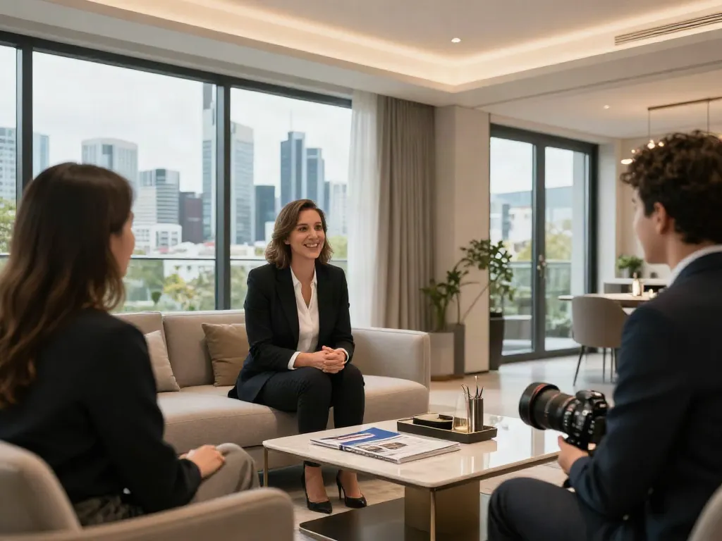 Bester Immobilienmakler Frankfurt präsentiert eine luxuriöse Immobilie in Frankfurt mit potenziellen Käufern.