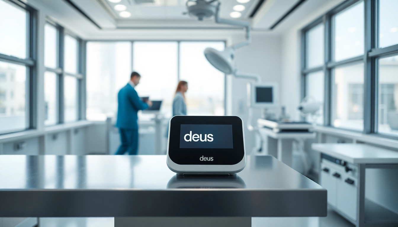 Das hochwertige Gerät deus medical in einer modernen Klinik, umgeben von professionellen medizinischen Utensilien.