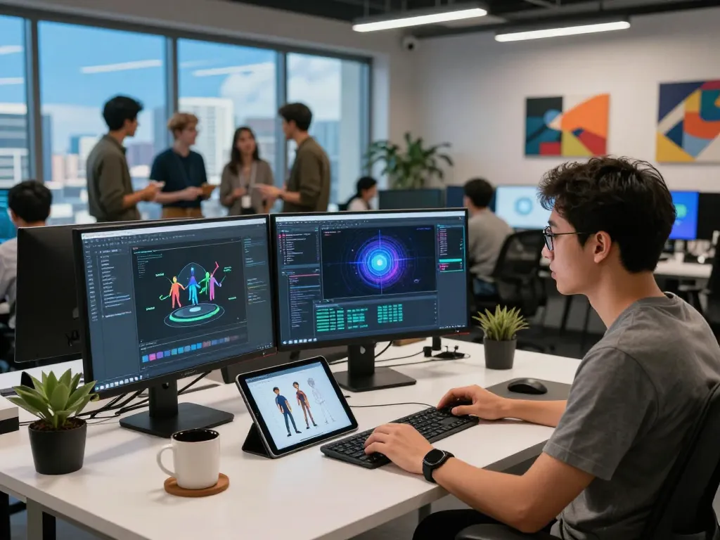 Software developer utilizing motion control AI technology in a modern workspace.