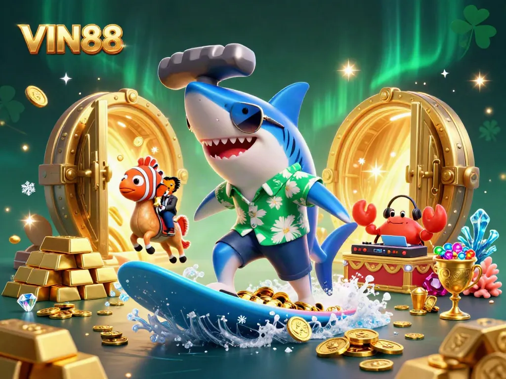 Experience thrilling action at VIN88 with a shark surfing on gold coins amidst exciting gambling elements.