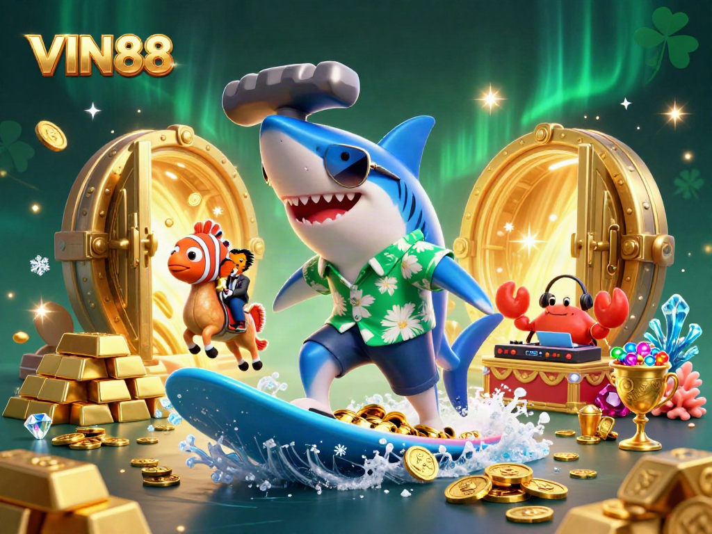 Experience thrilling action at VIN88 with a shark surfing on gold coins amidst exciting gambling elements.