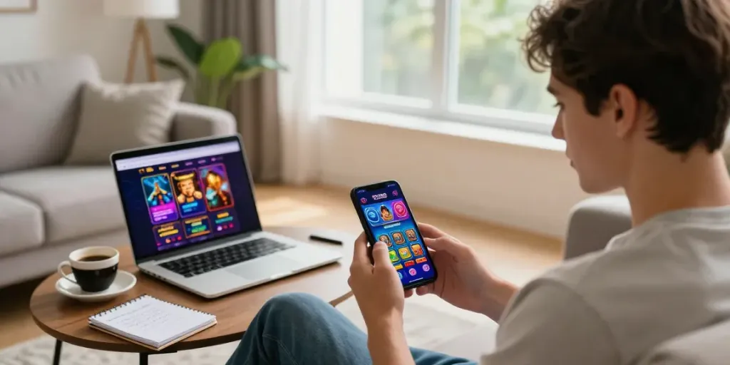 Neue mobile Casinos im modernen Wohnzimmer, Smartphone mit Casino-App und Laptop mit Online-Spielen.