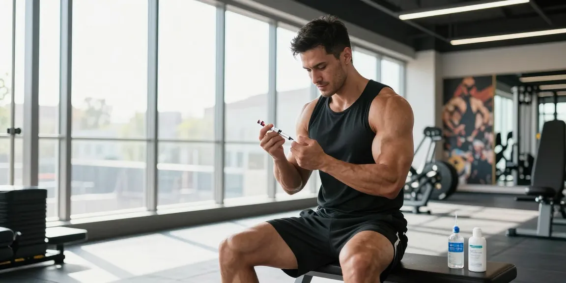 Eine professionelle Anabolika-Shop-Szene zeigt einen Bodybuilder, der die richtige Injektionstechnik demonstriert.