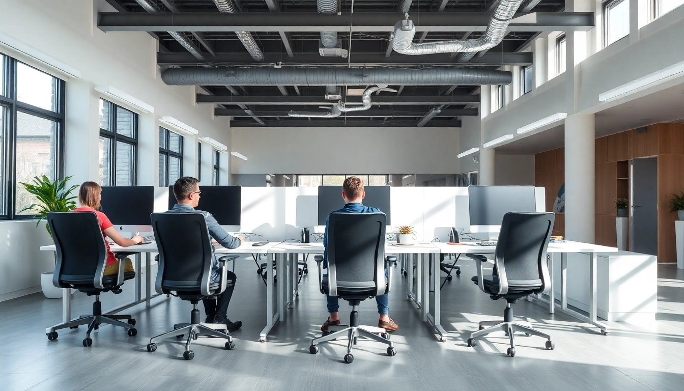 Stellenangebote: Mitarbeiter im modernen Büro bei der Arbeit, kreative und ergonomische Gestaltung.