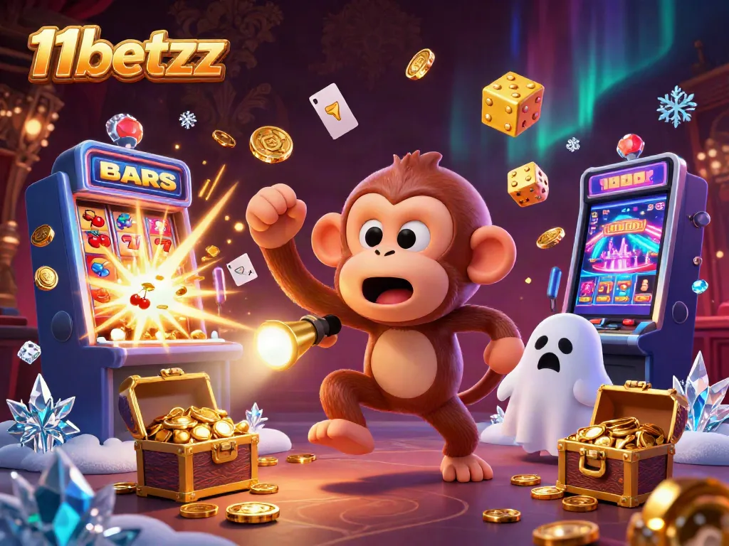 Engaging 3D illustration featuring 11betzz playful poltergeist monkey juggling casino elements in a lively atmosphere.