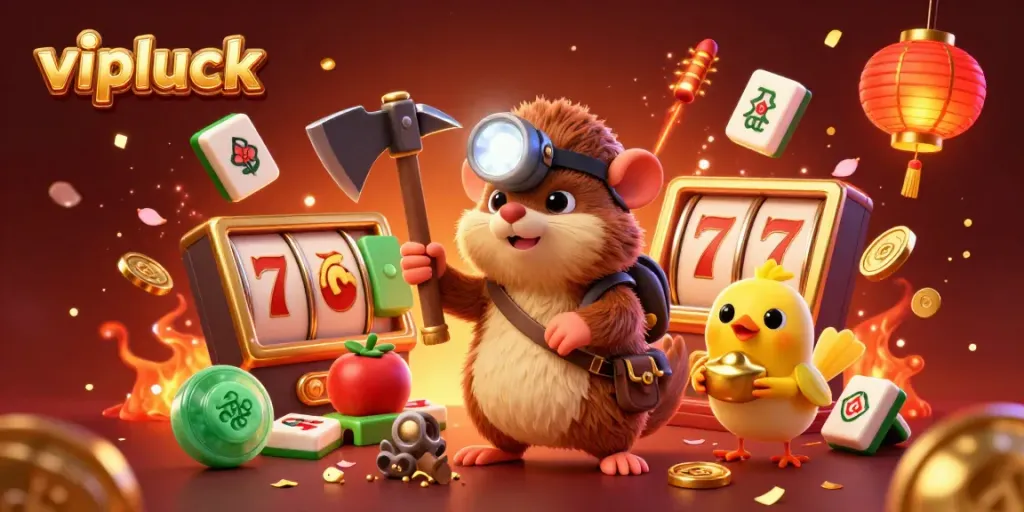 Experience big wins at vipluck casino with a vibrant treasure hunt theme featuring games and lucky symbols.