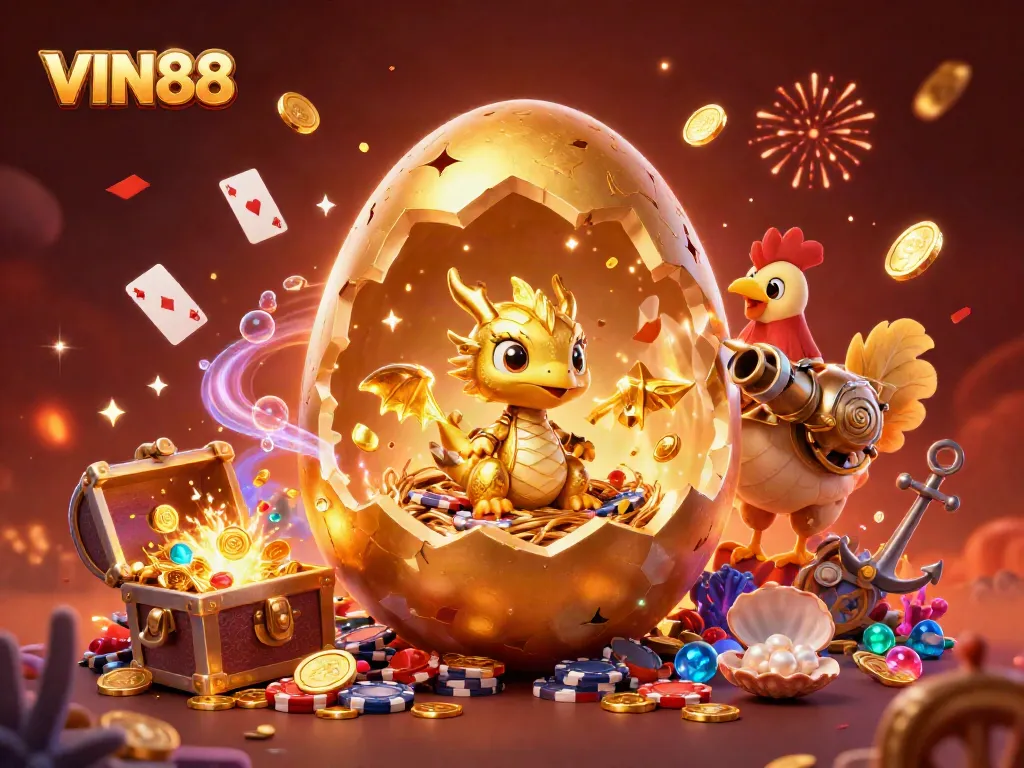 Win exciting rewards at VIN88 with a spectacular scene of a golden dragon and poker chips in a vibrant casino setting.