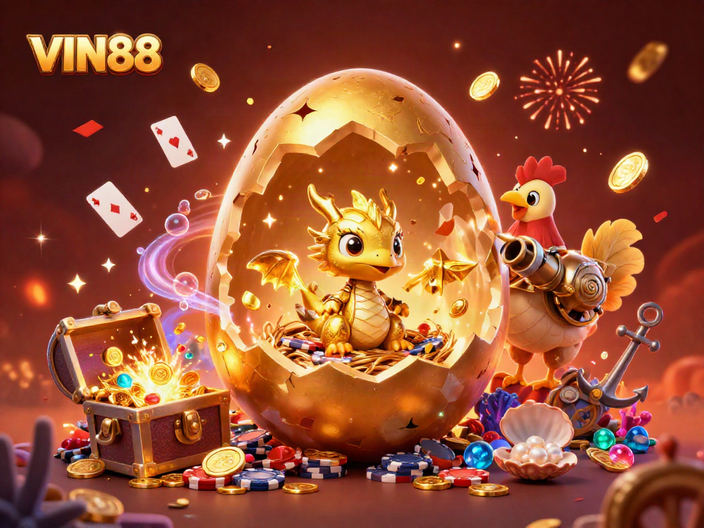 Win exciting rewards at VIN88 with a spectacular scene of a golden dragon and poker chips in a vibrant casino setting.
