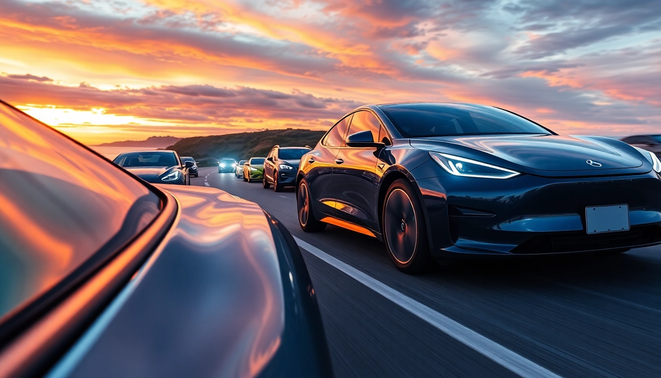 Elektroautos fahren dynamisch entlang einer Küstenstraße, umgeben von lebendigen Farben des Sonnenuntergangs.