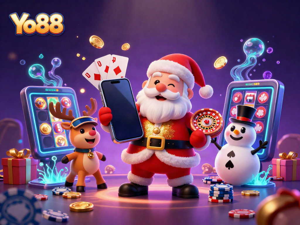Experience thrilling jackpots at Yo88 with Santa and friends in a vibrant casino scene.