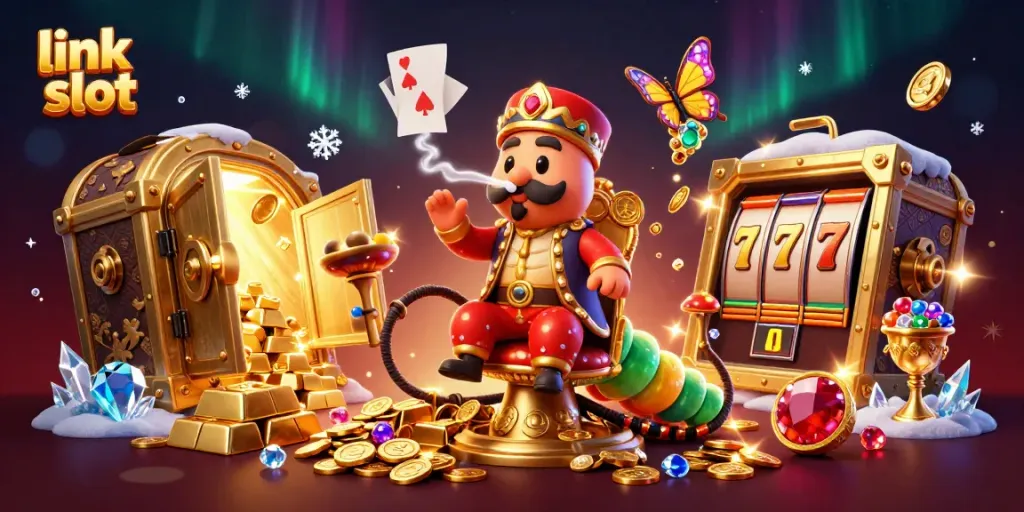 Experience thrilling games with link slot in this lavish casino-themed illustration.