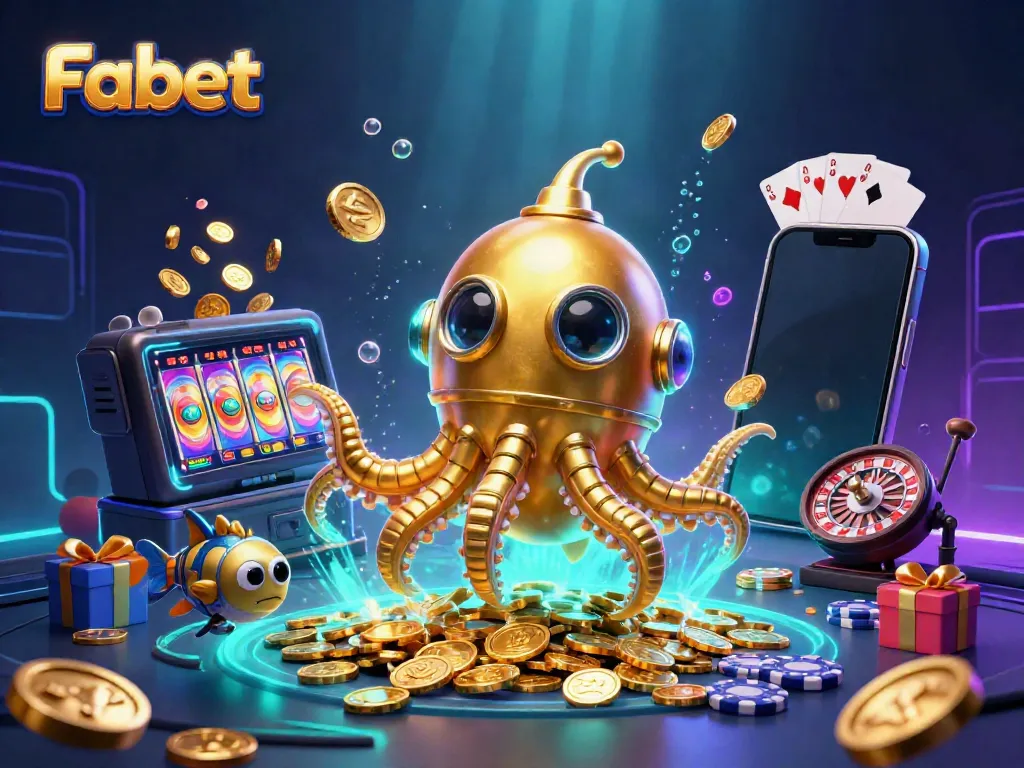 Experience thrilling wins with Fabet's vibrant underwater casino scene featuring a golden kraken and slot games.