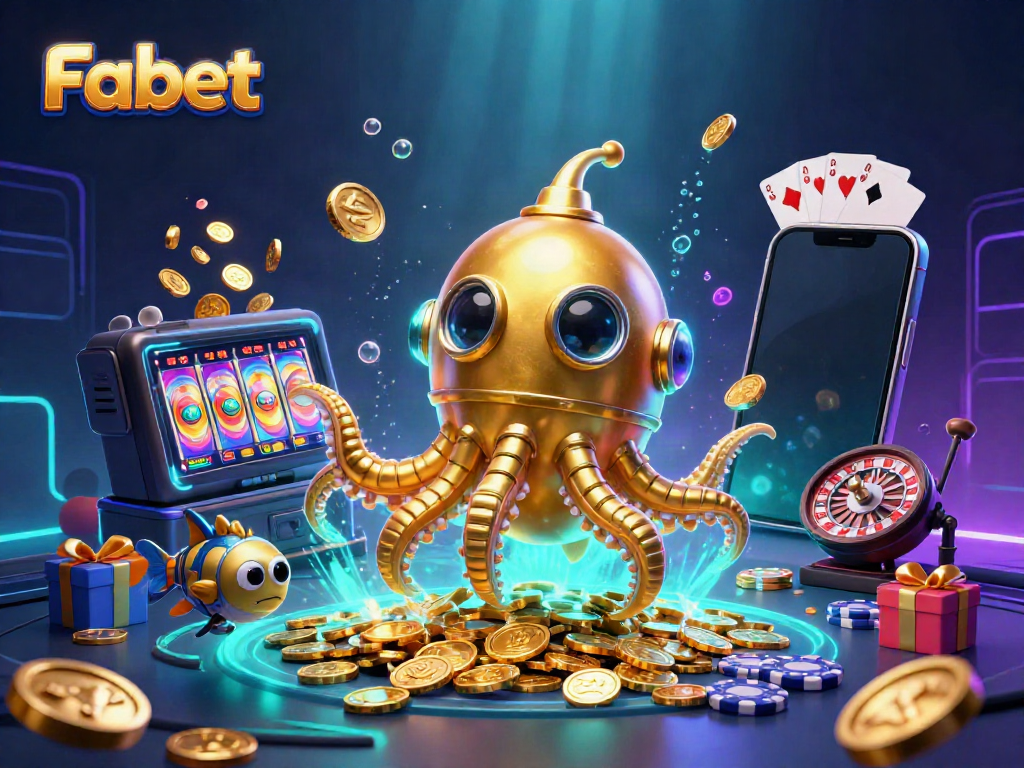 Experience thrilling wins with Fabet's vibrant underwater casino scene featuring a golden kraken and slot games.