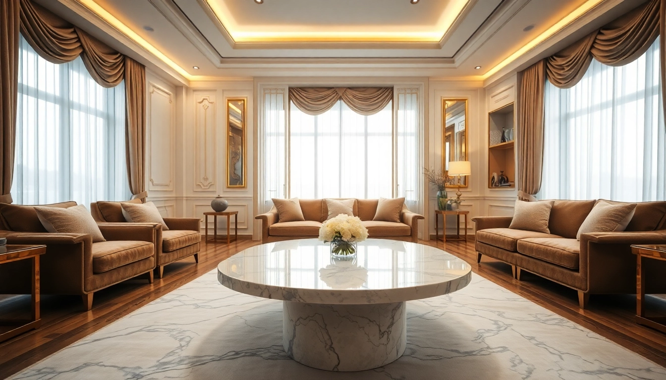 Luxury living room featuring a marble table and ambient lighting, offering an inviting atmosphere.