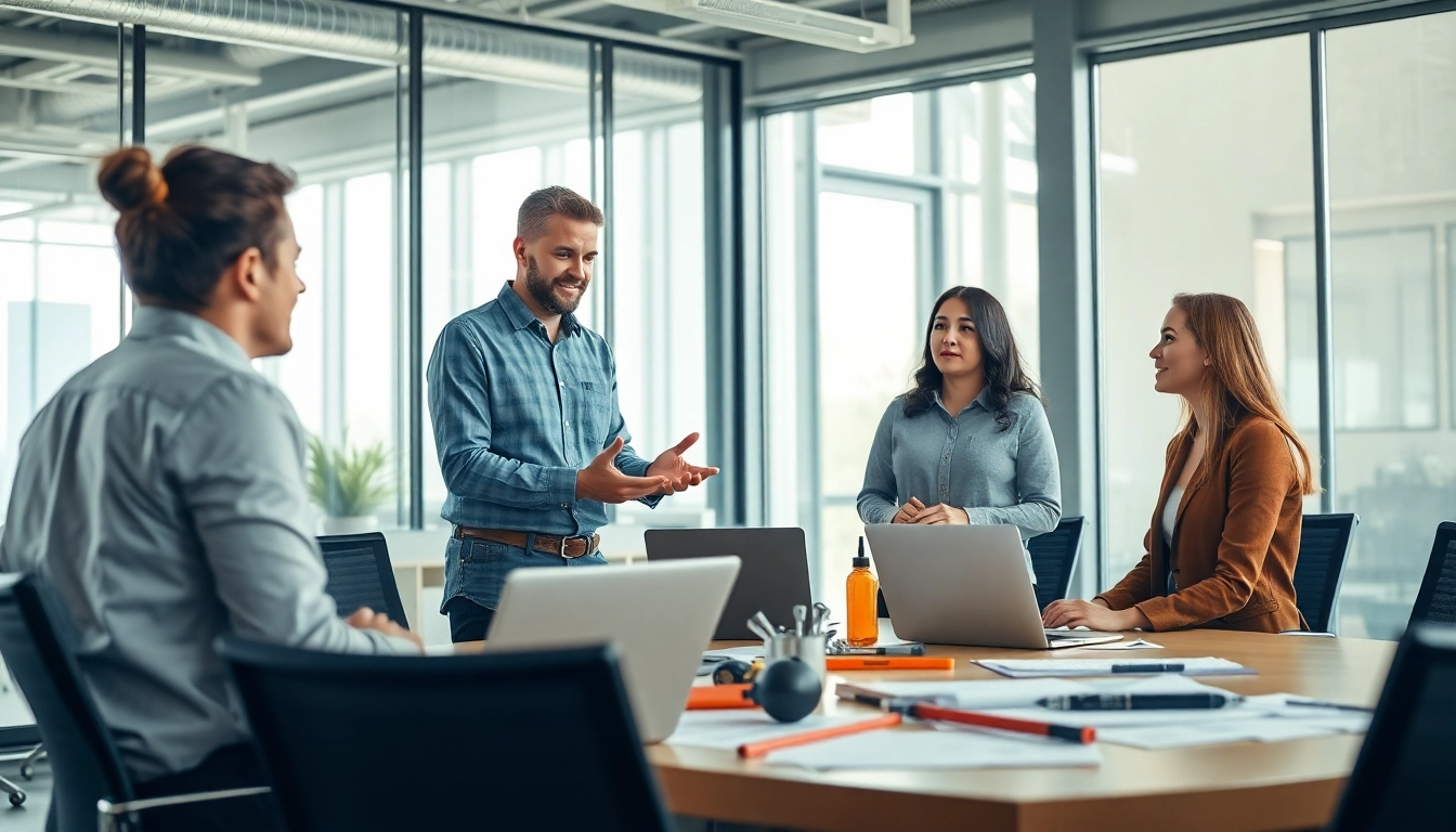 Headhunter Ingenieure bespricht Stellenausschreibungen mit einem Ingenieurteam in einem modernen Büro.