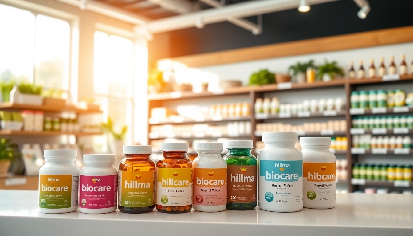 Umfassende hilma biocare Produkte in einem modernen Gesundheitsgeschäft leuchtend präsentiert.