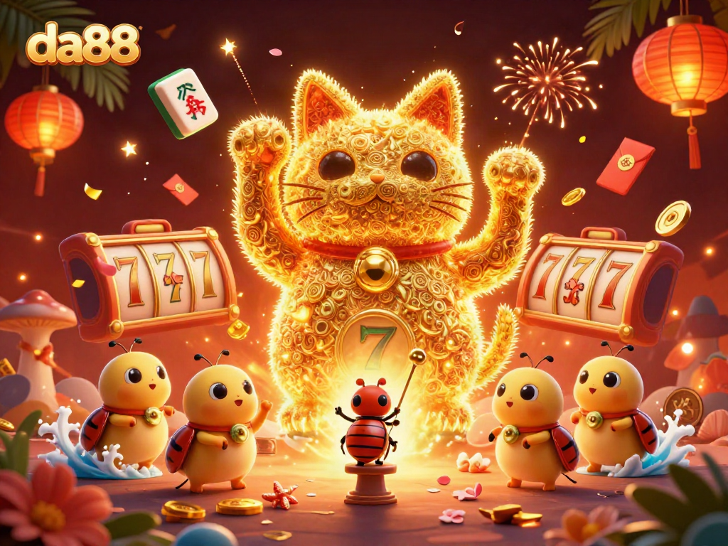 Experience excitement at da88 with a vibrant scene of a lucky cat and dynamic slot elements.