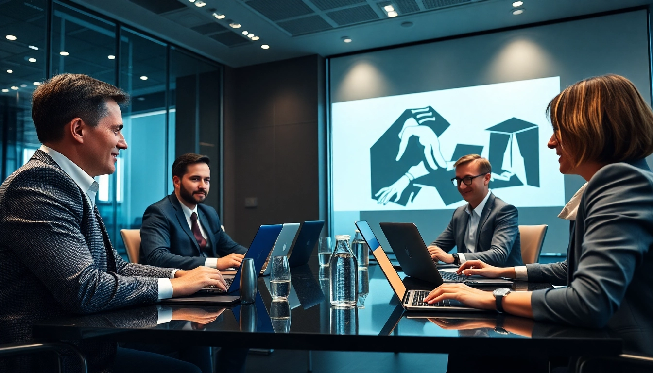Unternehmensberatung: Unternehmensberater arbeiten mit Klienten in einem modernen Konferenzraum an Strategien.