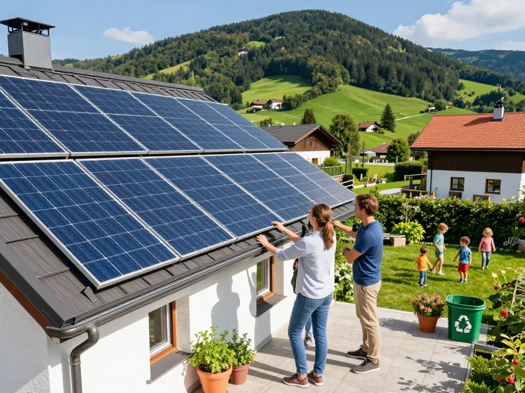 Installation von Photovoltaik in Bayern an einem Familienhaus, das nachhaltige Energienutzung demonstriert.