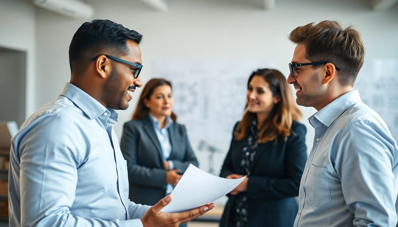 Headhunter Ingenieure in einem modernen Büro im Austausch mit Ingenieuren.