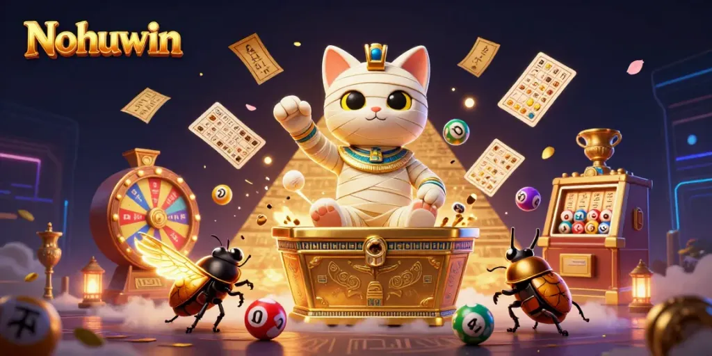 Nohuwin gaming scene featuring an Egyptian mummy cat and a scarab in a vibrant casino setting.