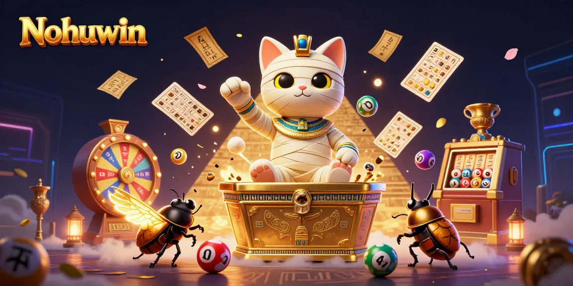 Nohuwin gaming scene featuring an Egyptian mummy cat and a scarab in a vibrant casino setting.