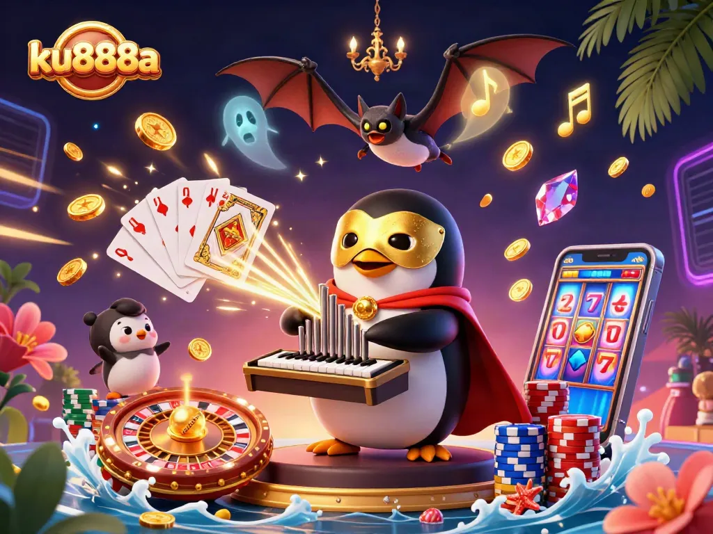 Join the excitement at ku888a with vibrant casino action featuring a penguin playing an organ that releases golden coins.