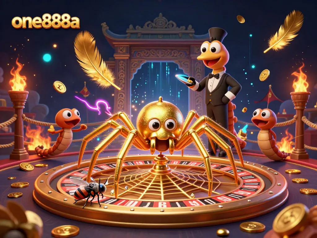 Experience thrilling gameplay at one888a as the golden spider spins its roulette wheel in a vibrant casino