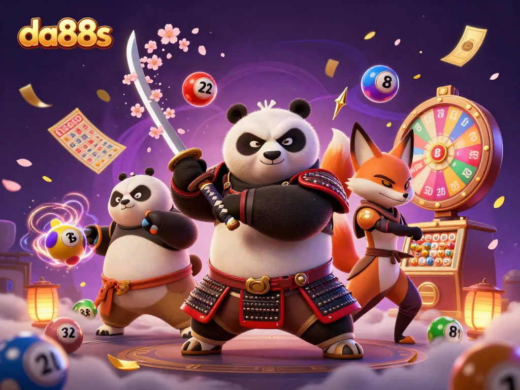 Engage in thrilling gameplay with da88s, illustrated panda samurai and ninja fox in a vibrant casino scene.