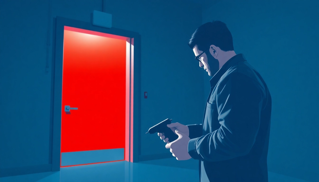 Inspecting Prüfung Brandschutztüren: Technician examines fire protection door for safety compliance.