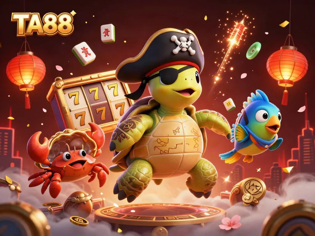 Play TA88 with a vibrant illustration featuring a pirate turtle, crab, and fish among slot reels and treasure.