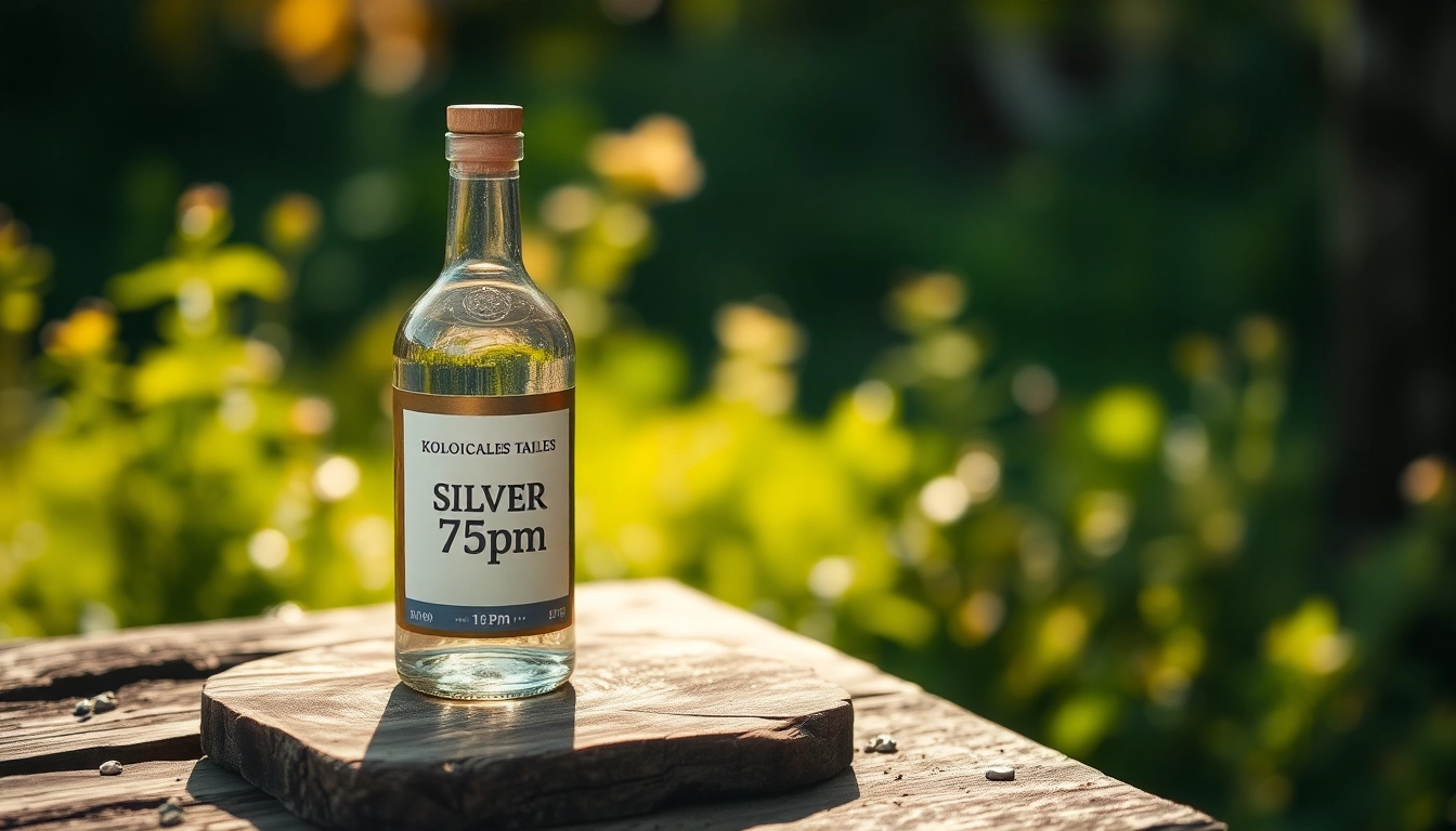 Kolloidales Silber 75 ppm in einer eleganten Flasche auf einem rustikalen Tisch abbilden.