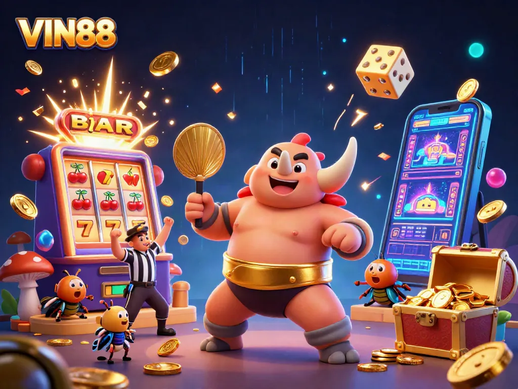 VIN88 engages players with thrilling casino experiences featuring a beetle champion amidst falling coins.