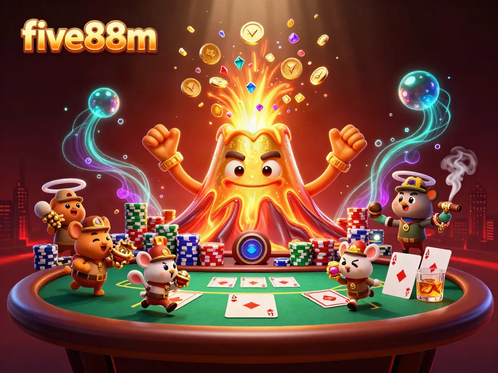 Experience the excitement with five88m as golden volcano erupts treasures amid poker thrills and playful creatures.
