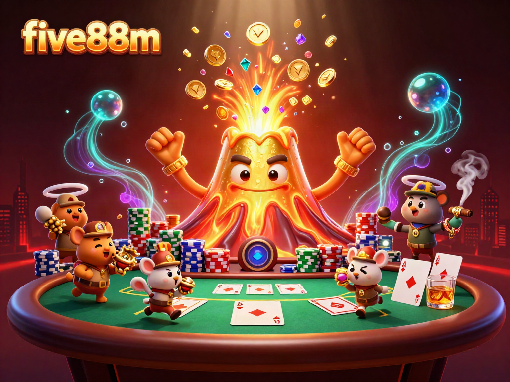 Experience the excitement with five88m as golden volcano erupts treasures amid poker thrills and playful creatures.