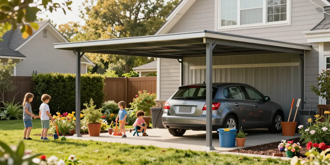 Stylischer Carport mit Auto im Garten, idealer Schutz für Fahrzeuge.