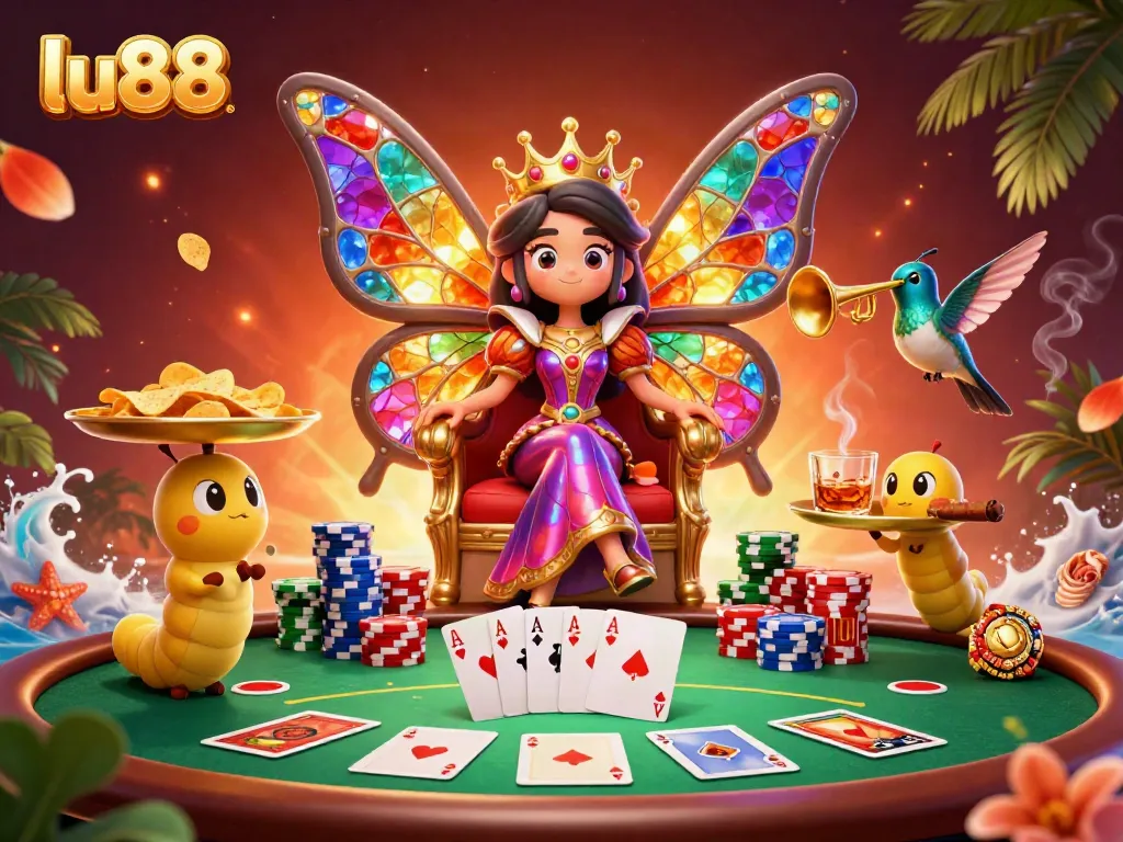 Engage in thrilling poker action with lu88 at a vibrant casino scene featuring a butterfly queen and poker chips.