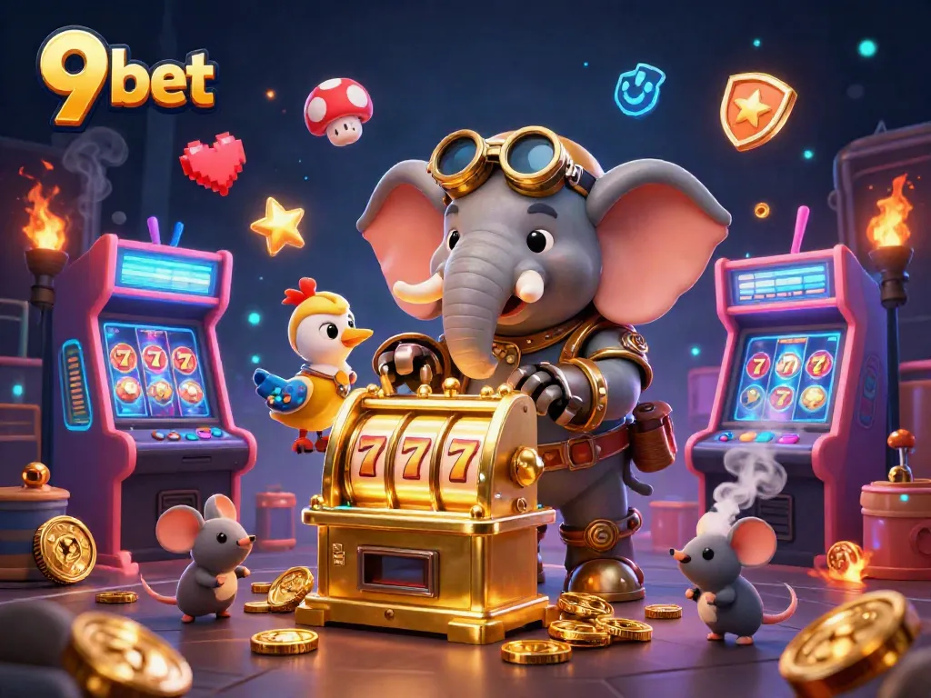 Experience the excitement of 9 bet with a steampunk elephant operating a grand slot machine amidst vibrant casino elements.
