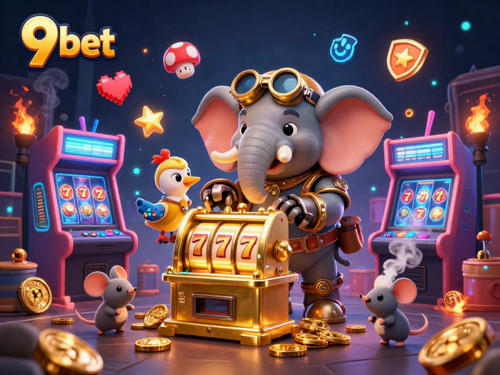 Experience the excitement of 9 bet with a steampunk elephant operating a grand slot machine amidst vibrant casino elements.
