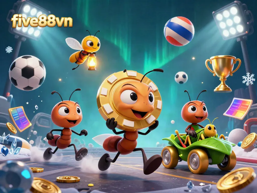 The five88vn heist scene showcases ants racing with a giant poker chip, emphasizing excitement in online gambling.