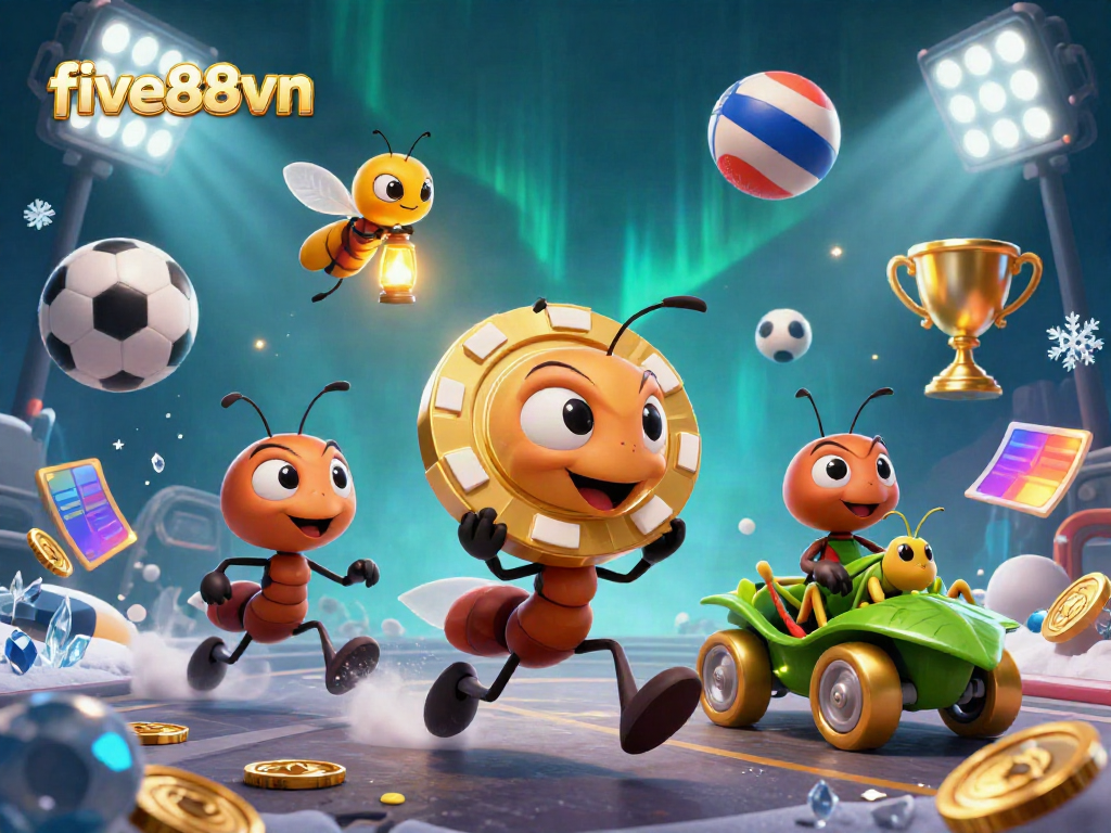 The five88vn heist scene showcases ants racing with a giant poker chip, emphasizing excitement in online gambling.