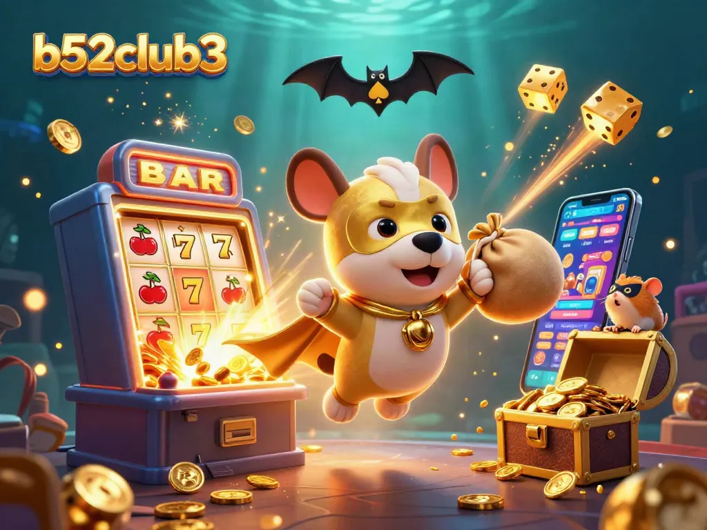 Bets and wins soar high at b52club3 with a cartoon superhero dog and colorful casino riches!