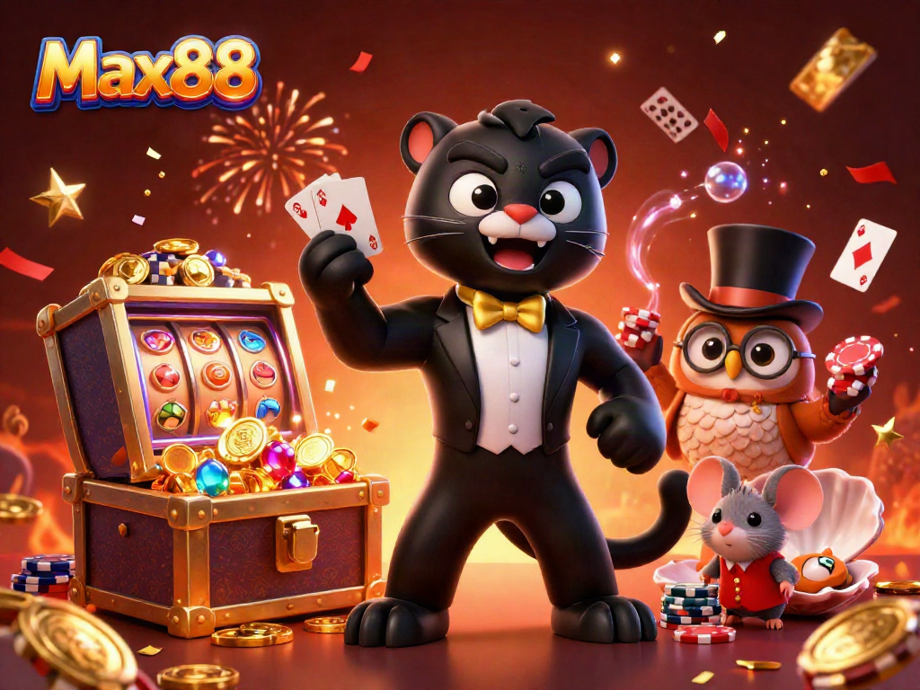 Experience ultimate gaming excitement at Max88 with stylish characters and vibrant casino elements.