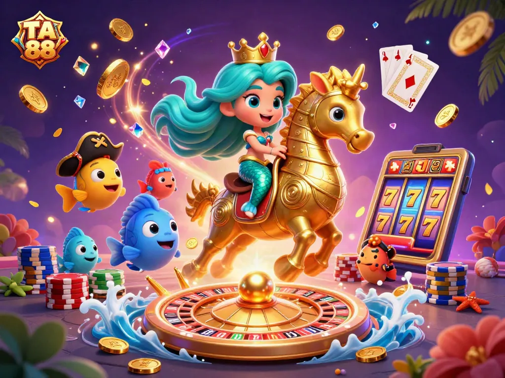 Play exciting games with TA 88, a vibrant scene of a mermaid riding a seahorse amid casino elements.